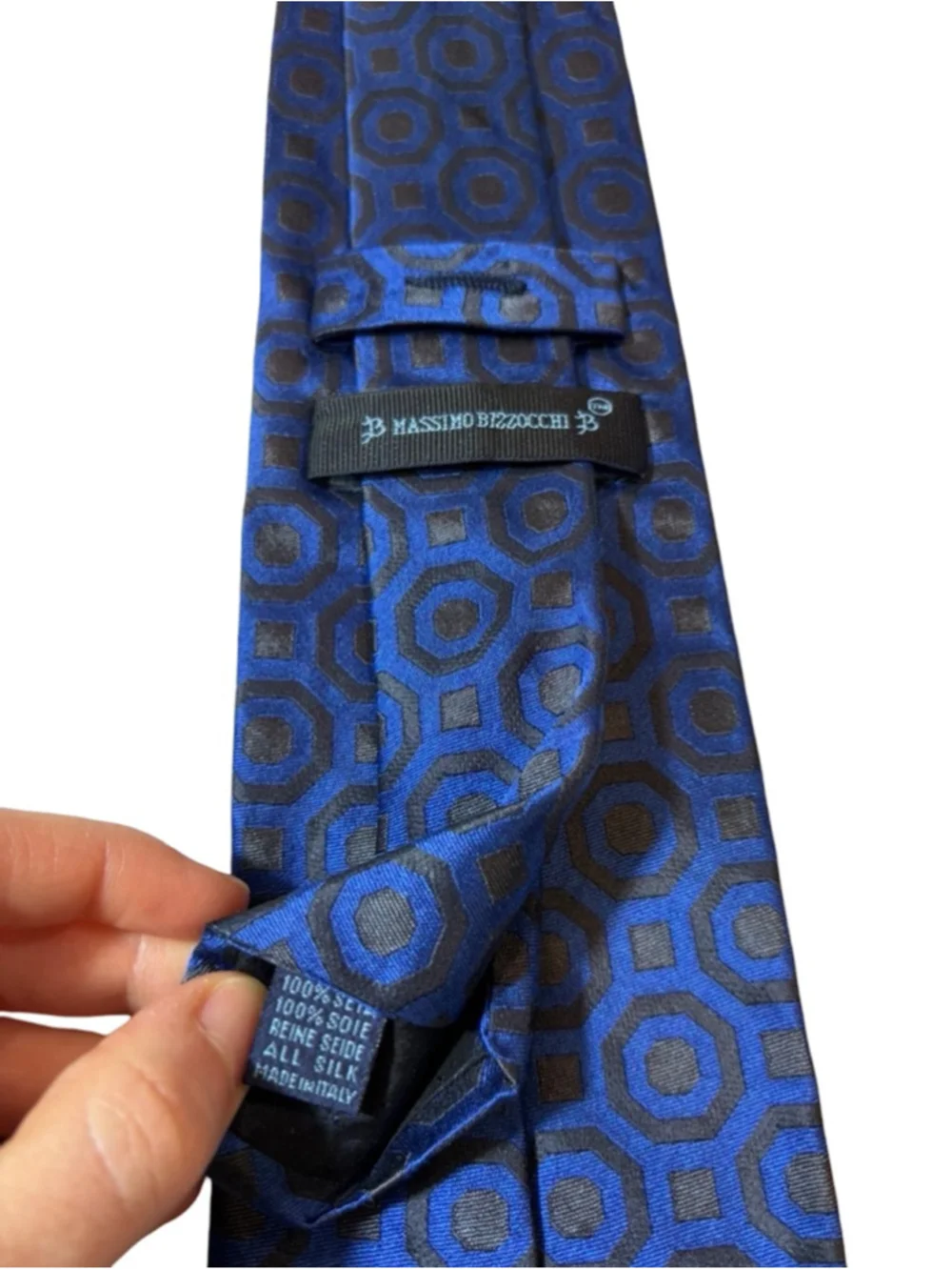 Massimo Bizzocchi Silk Tie Blue Geometric Medallion Italy Luxury Designer